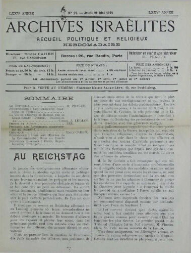 Archives israélites de France. Vol.75 N°21 (21 mai 1914)